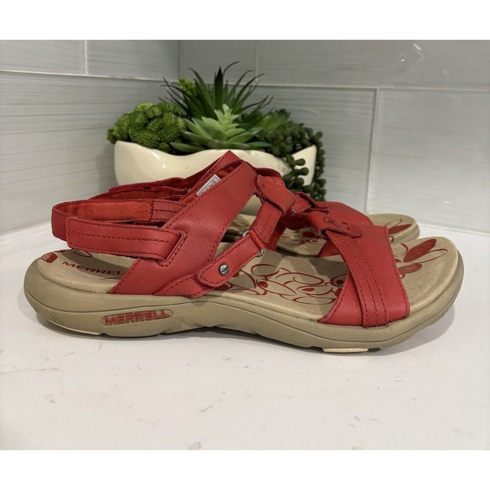 Merrell Red Leather Floral Comfort Sandals Women’s Size 10 Strappy Walking Boho